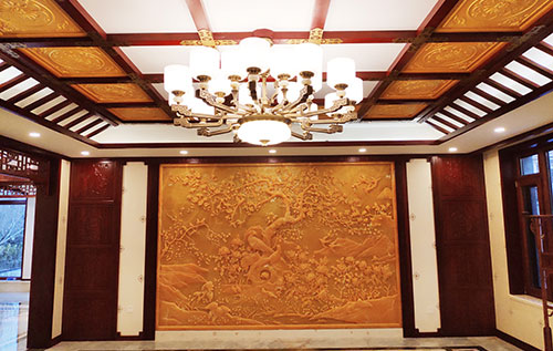 永定中式别墅客厅中式木作横梁吊顶装饰展示
